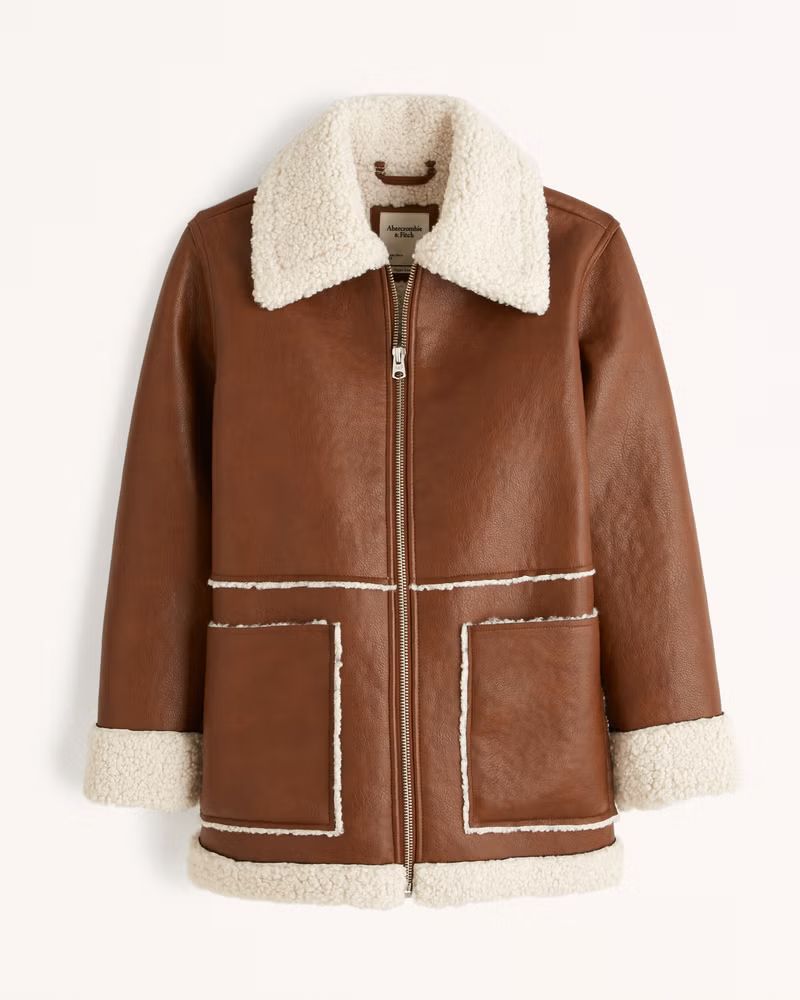Sherpa-Lined Vegan Leather Shearling Jacket | Abercrombie & Fitch (US)