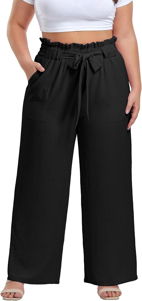 OLRIK Women's Plus Size Pants Adjustable High Waisted Wide Leg Palazzo Pants Casual Trousers with... | Amazon (US)