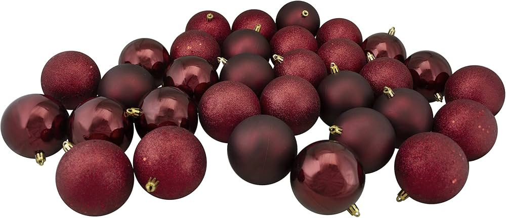 Northlight 32 Count 4-Finish Shatterproof Christmas Ball Ornaments, 3.25" (80mm), Burgundy Red | Amazon (US)