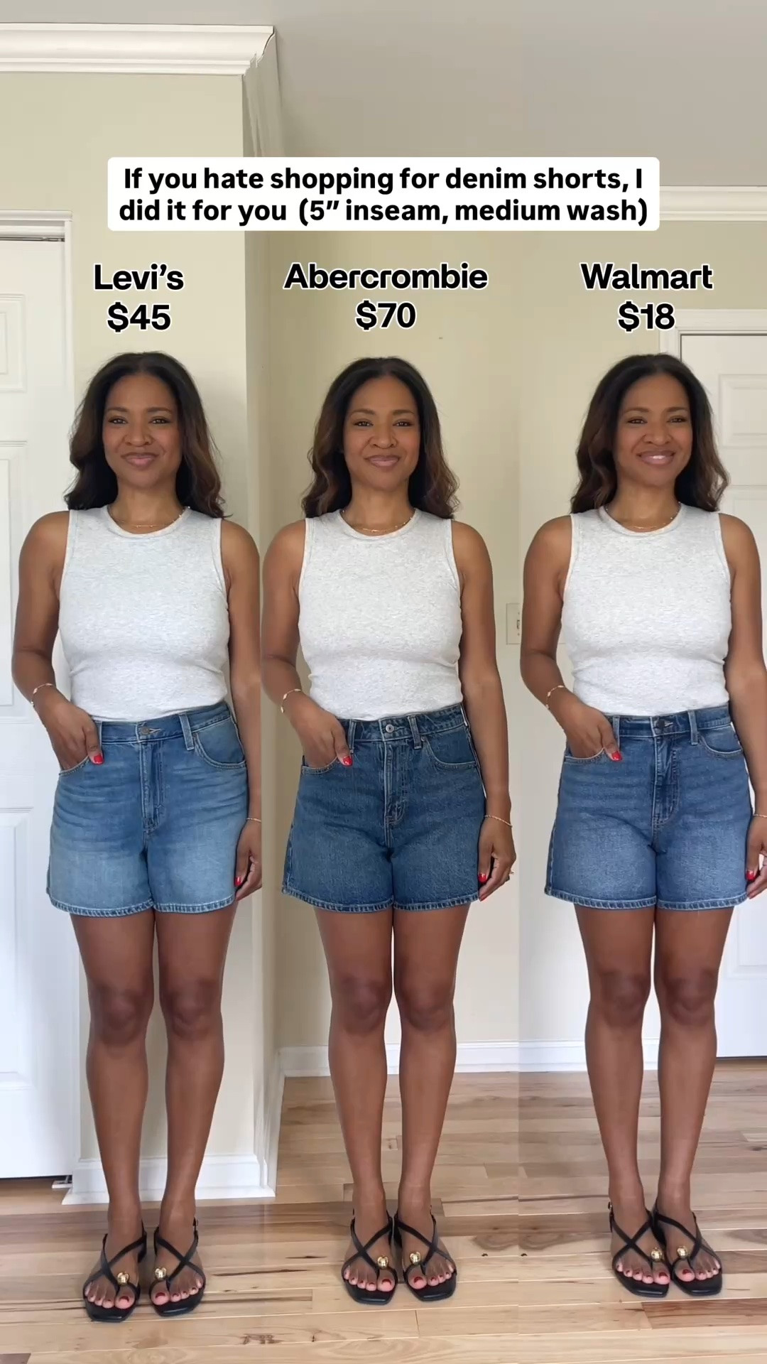 I am 5.5 and I wear a size 4 in the Walmart shorts and 27 in both Levi’s and Abercrombie in the “Curve Love” fit 
The Abercrombie medium is a slightly darker wash than the others. The Levi’s have an adjustable waist! 

 #ltkover40 #ltkgrwm #ltkootd