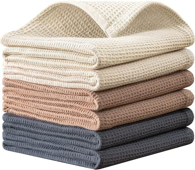 QUILTINA Cotton Waffle Weave Dish Towels Set, 17 x 25 Inches, 6 Pack, Beige, Brown, Dark Grey | Amazon (US)