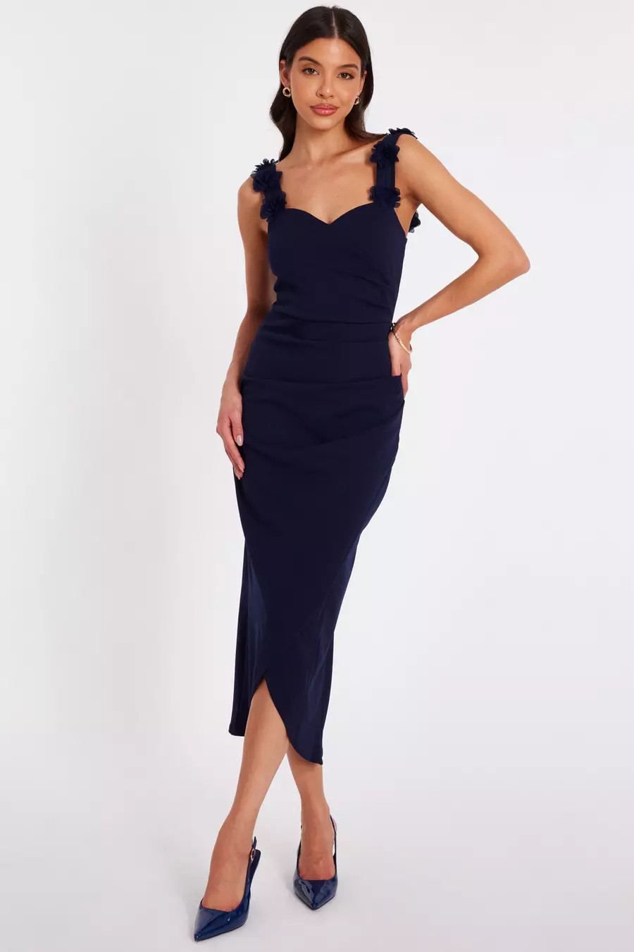 Navy Floral Trim Midaxi Dress | Quiz Clothing