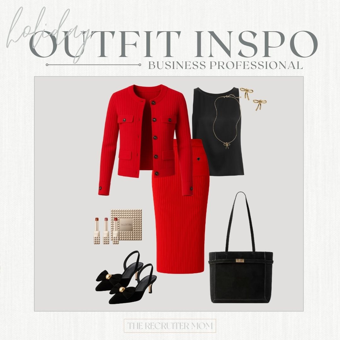 Red knit skirt set + black accessories ❤️ #holidayworkwear #businessstyle 

 

#LTKSeasonal #LTKMidsize #LTKWorkwear