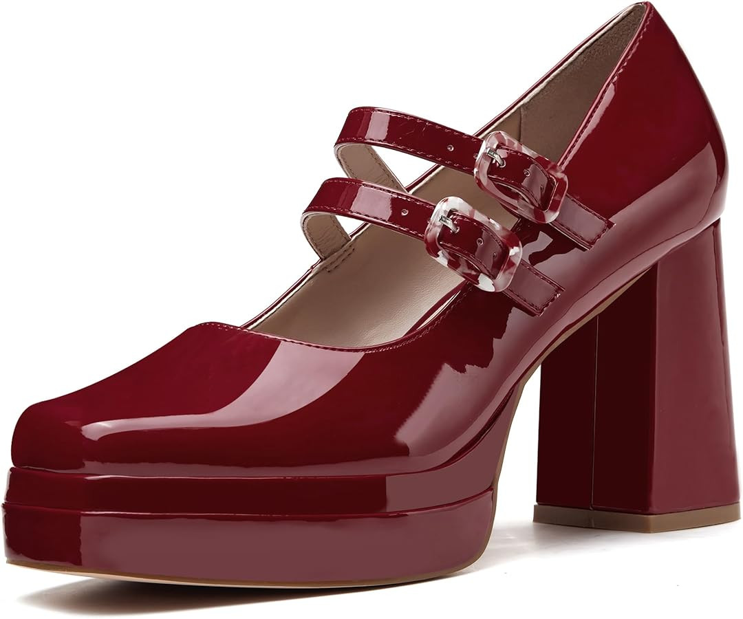 Coutgo Women's Platform Mary Jane Pumps Two Strap Square Toe Chunky Block Heel Sandals Party Shoe... | Amazon (US)