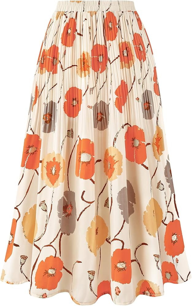 Basoteeuo Womens Skirt Leopard Print Midi Long Shirring Pleated Skirts High Waisted A Line Skirts | Amazon (US)