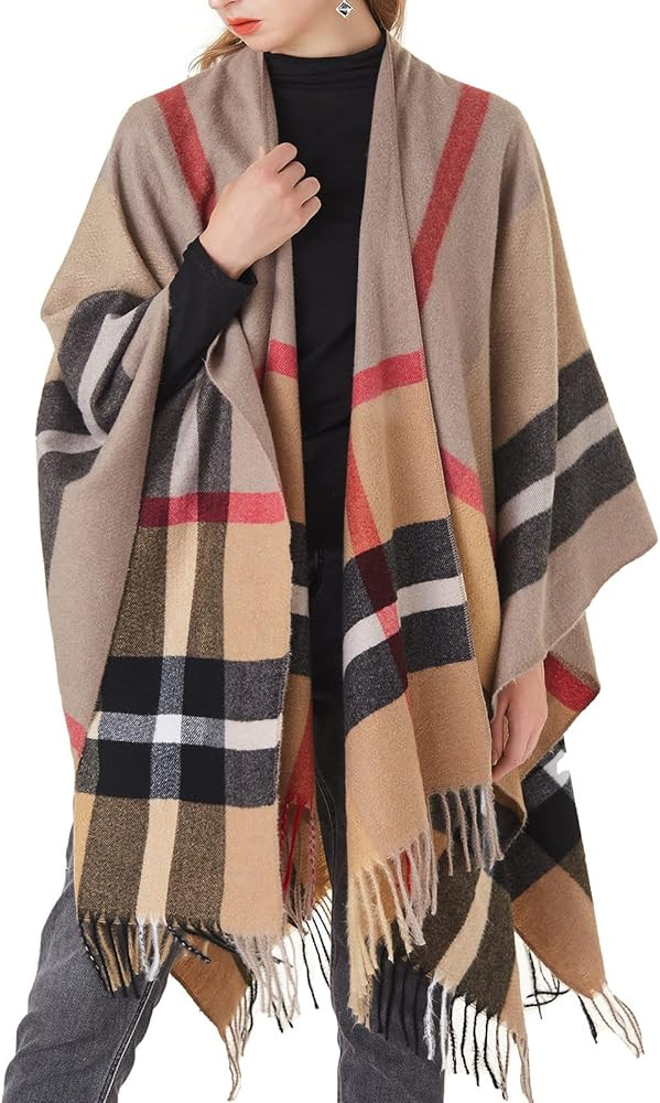 Women's Plaid Shawl Wrap Warm Cardigan Open Front Poncho Cape for Central Air Conditioning or Pub... | Amazon (US)