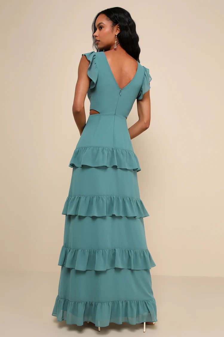 Elegant Mentality Teal Blue Ruffled Tiered Cutout Maxi Dress | Lulus