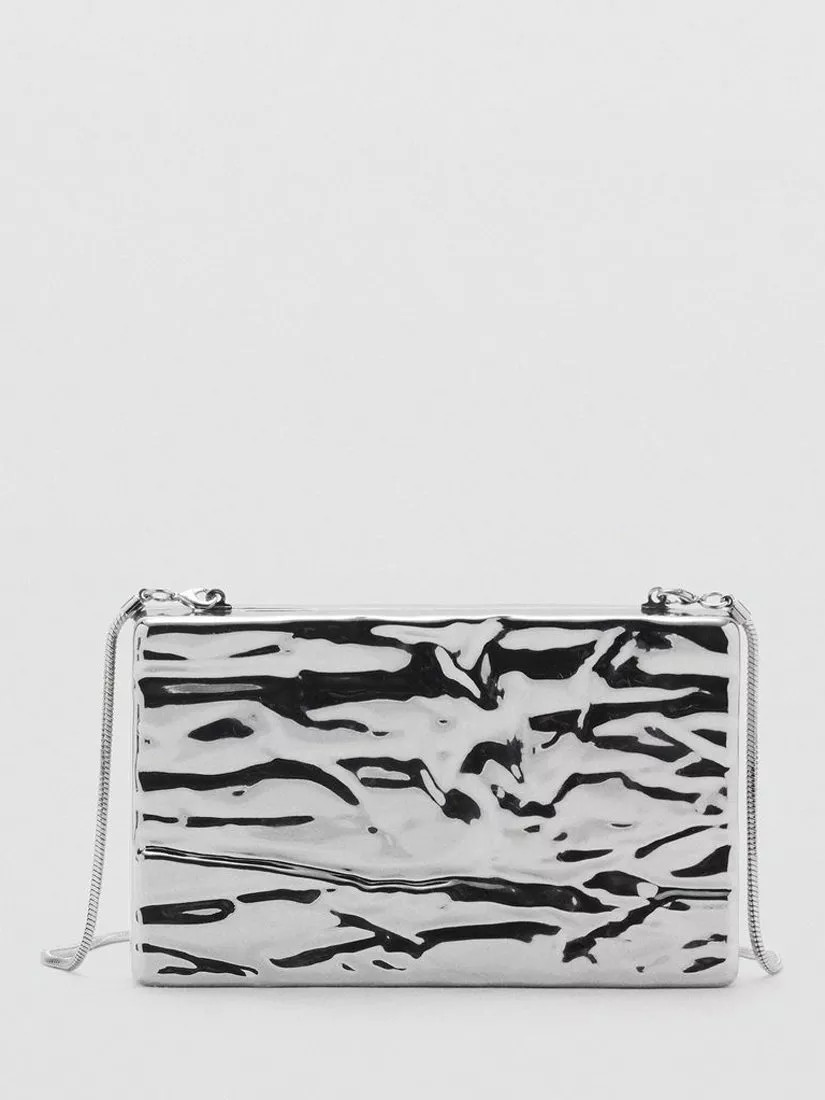 Mango Ferrer Textured Metal Clutch Bag, Silver | John Lewis (UK)