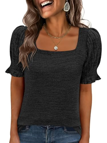 ANRABESS Womens Tops Summer Sweaters Dressy Casual Work Blouses Square Neck Ruffle Short Sleeve T... | Amazon (US)