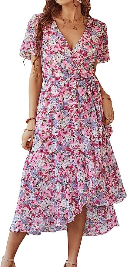 Vaiaye Women's Wrap Chiffon Dress Floral Print Ruffle Split Dress Waist Tie V-Neck Maxi Dresses | Amazon (US)