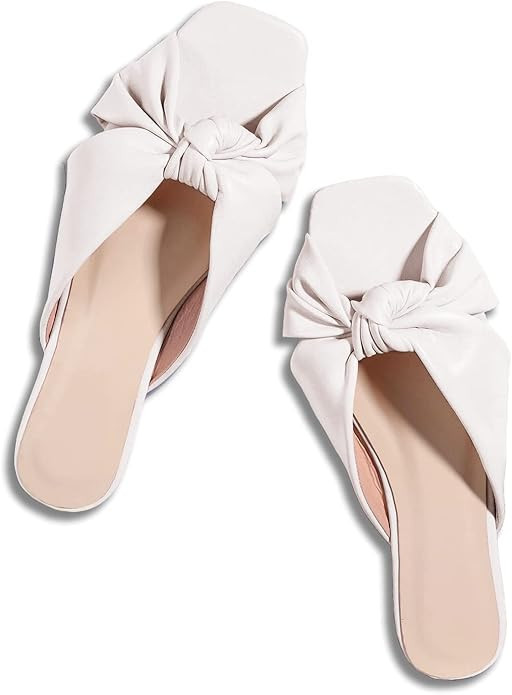 Womens Square Toe Flat Slides Sandals Bow Tie Slip on Mules Summer Comfortable Beach Shoes Slippe... | Amazon (US)