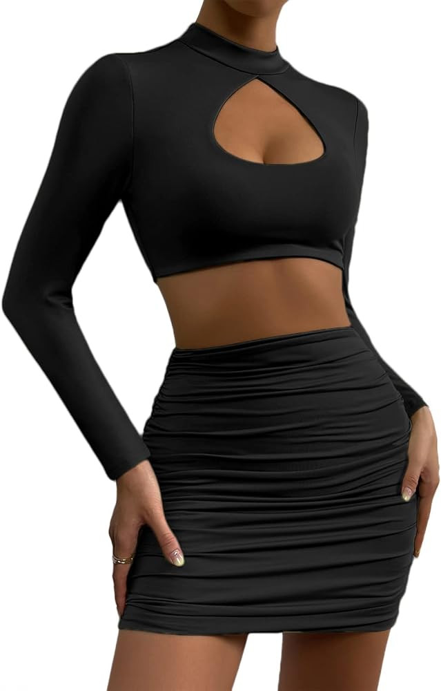 Hilinker Women's 2 Piece Outfits Long Sleeve Cut Out Crop Top and Mini Dress Set | Amazon (US)
