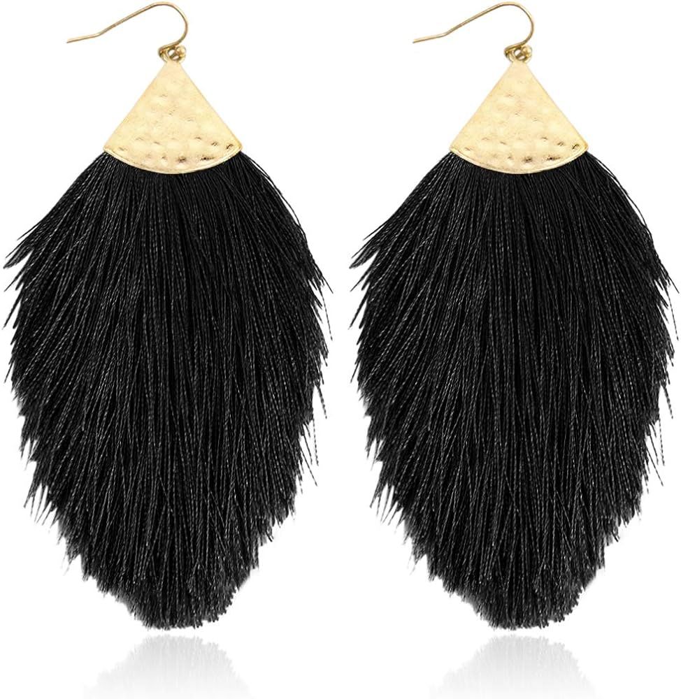 Bohemian Silky Thread Fan Fringe Tassel Statement Earrings - Lightweight Strand Feather Shape Dangle | Amazon (US)