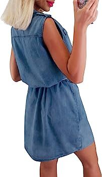 Women Sleeveless V Neck Button Down Frayed Hem Short Denim Dress | Amazon (US)