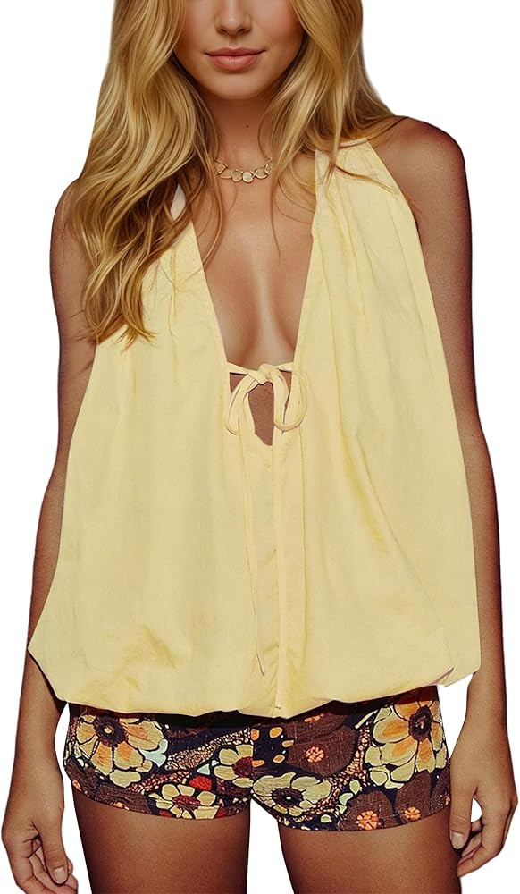 Women Halter Bubble Tank Top Sexy Plunge V Neck Tie Open Back Sleeveless Crop Going Out Tops Summ... | Amazon (US)