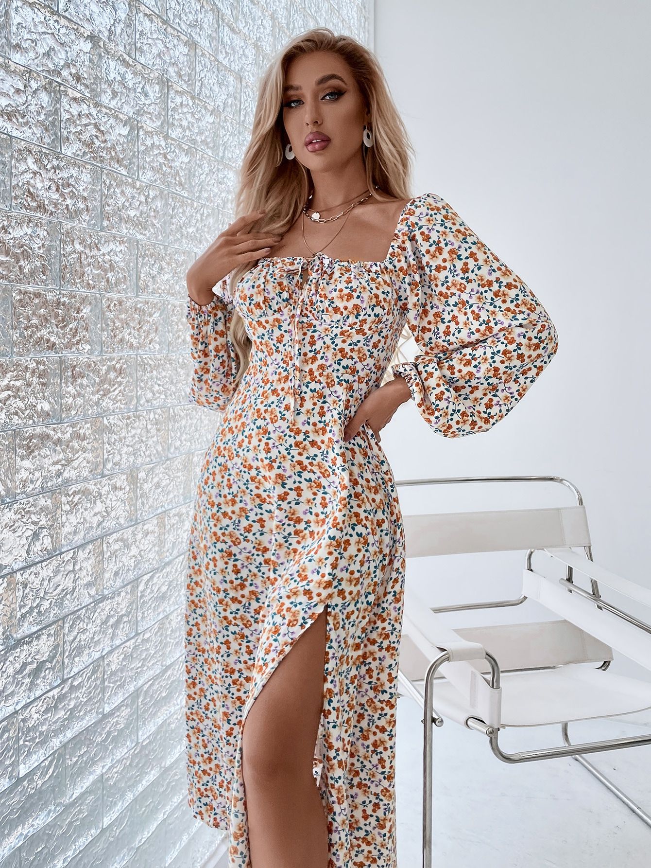 Ditsy Floral Tie Front Square Neck Lantern Sleeve Slit Thigh Dress | SHEIN