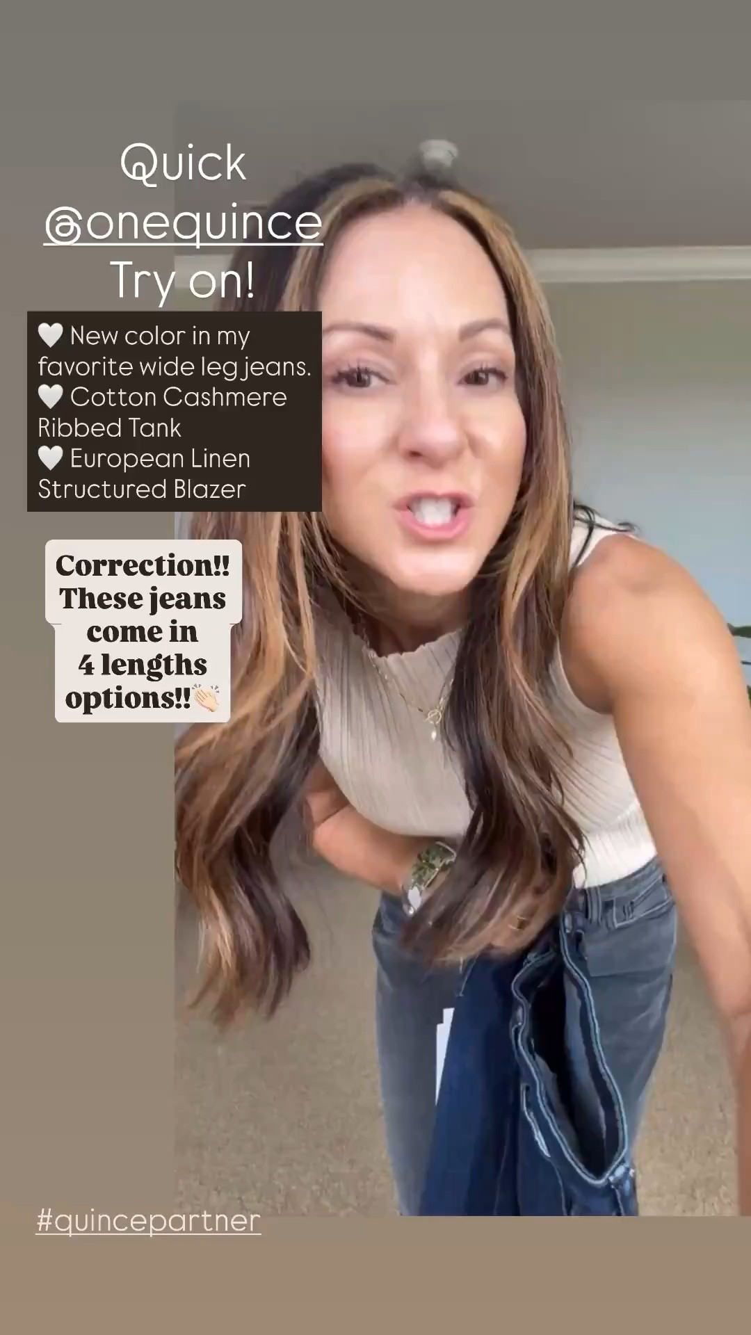 My favorite wide leg jeans in this gorgeous and on trend grade out color. Size 25 in the 28 inch length they come in four length options. Paired with this gorgeous linen blazer in the color flex size XS. 
Washable stretch silk V-neck Cami in ivory size XS
Cotton cashmere ribbed tank that I love size XS Heather oatmeal that you can see in another try on.
I linked some cute sneakers that I have my eye on from Quince, too!
@onequince 
#quincepartner

#LTKootd #LTKPetite #LTKSeasonal