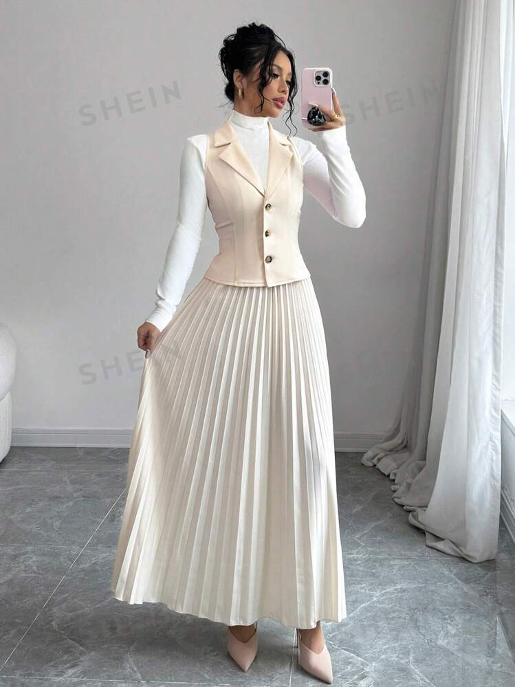 Elenzga Elegant Single Breasted Sleeveless Vest And Pleated Dress 2-Piece Set, Autumn/Winter | SHEIN