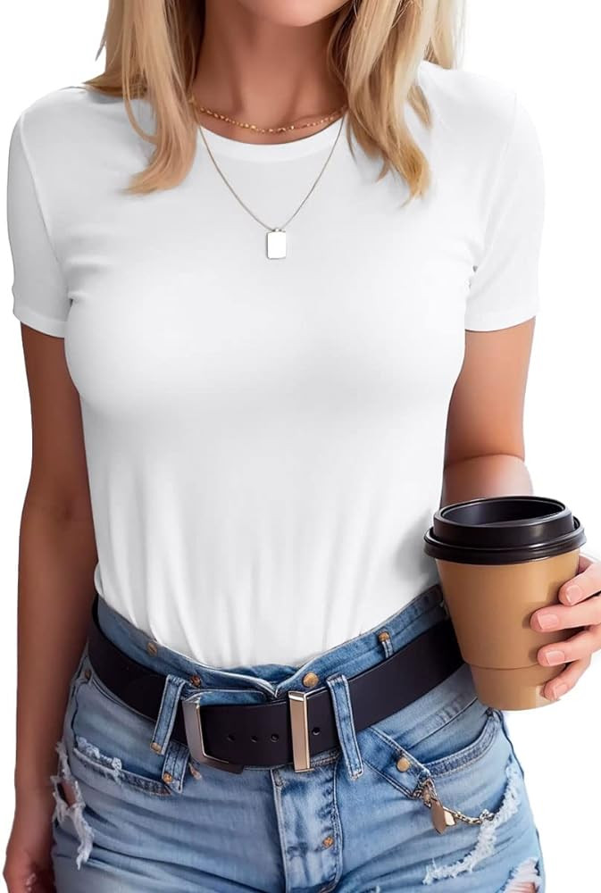 SANDERY Womens Round Neck Long/Short Sleeve Shirts Ribbed Casual Slim Fitted Tops Blouses | Amazon (US)