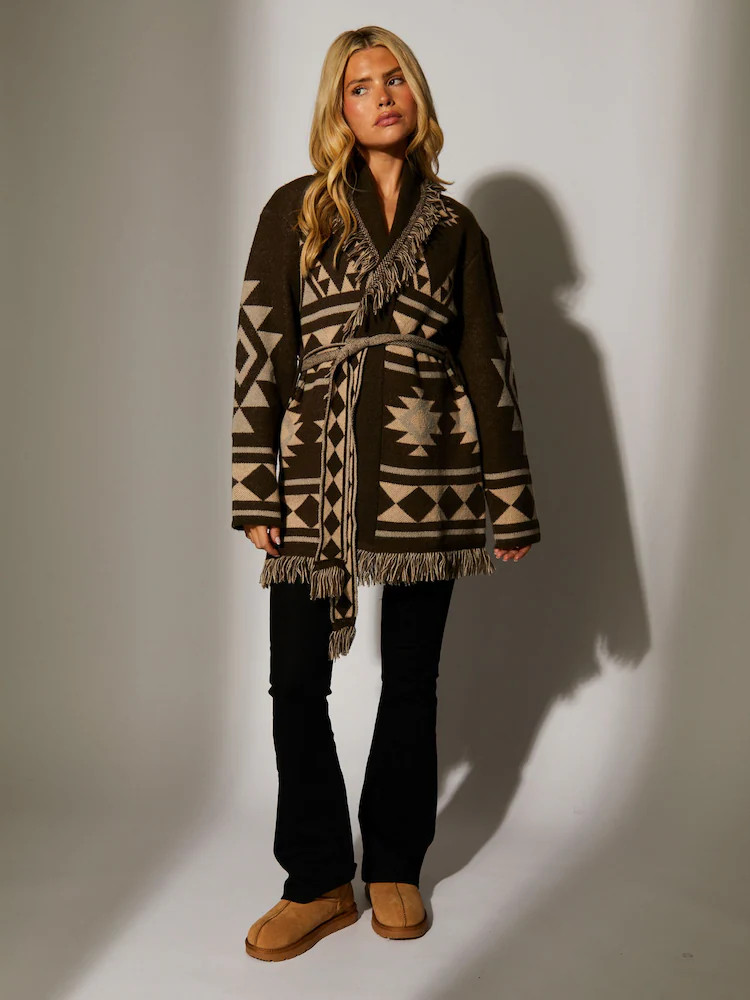 Buy South Beach Brown Jacquard Wasit Tie Knitted Fringe Cardigan from Next Ireland | Next EU