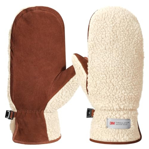 Harssidanzar Women's Sherpa Mitten Genuine Suede Outdoor Mitt Winter For Thermal Thinsulate Lined SL020US,Beige/Light Brown,Size,S | Amazon (US)