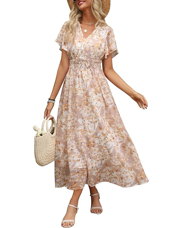 ANRABESS Womens Summer Floral Maxi Dress Casual V Neck Short Sleeve Chiffon Boho Flowy Beach 2025... | Amazon (US)
