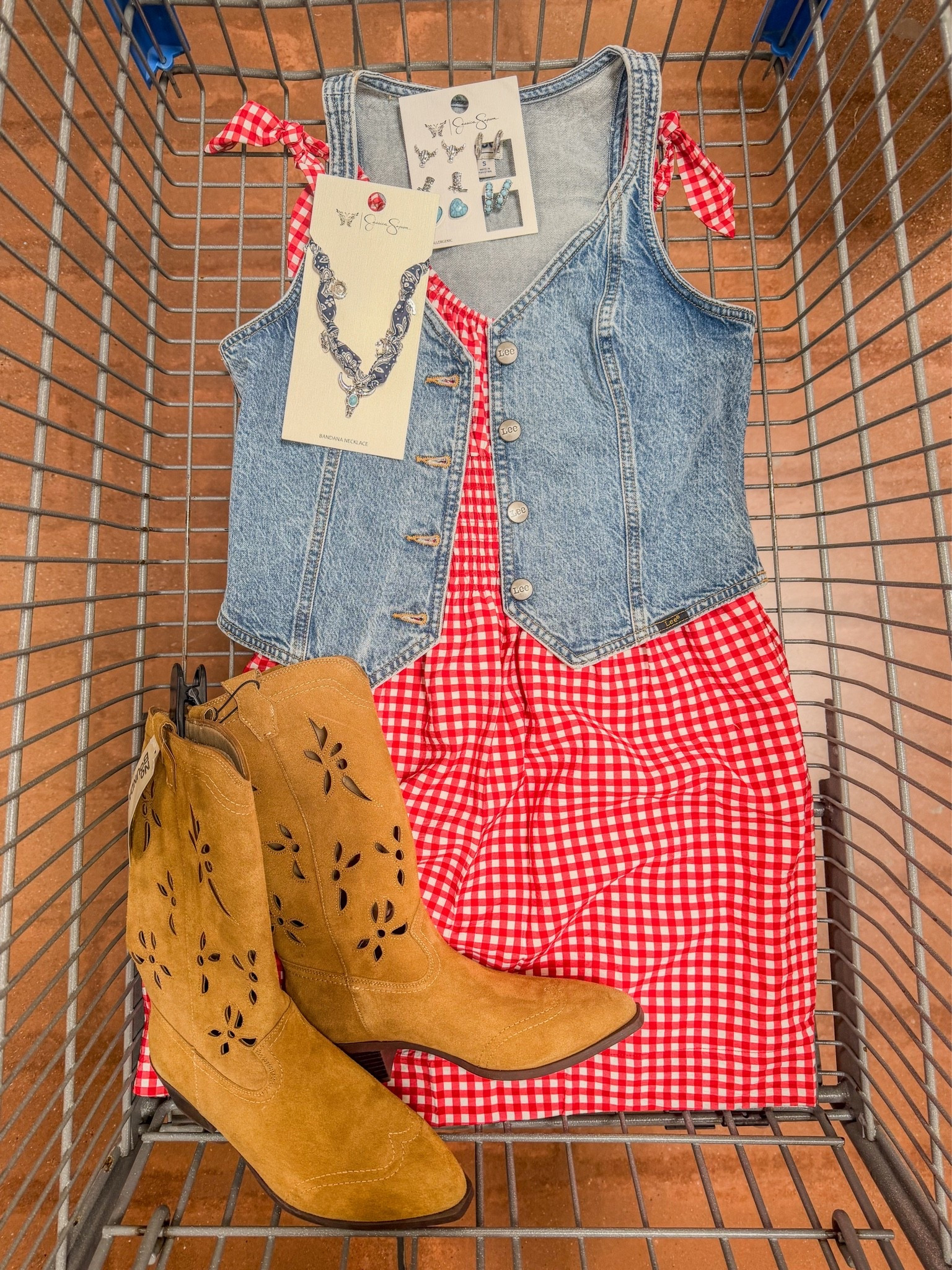 This outfit is giving county fair, summer concert, and small-town Fourth of July ❤️🤍🤠 The gingham dress, denim vest, and western boots are such a fun twist on classic Americana style.

#LTKgrwm #LTKootd #LTKSeasonal