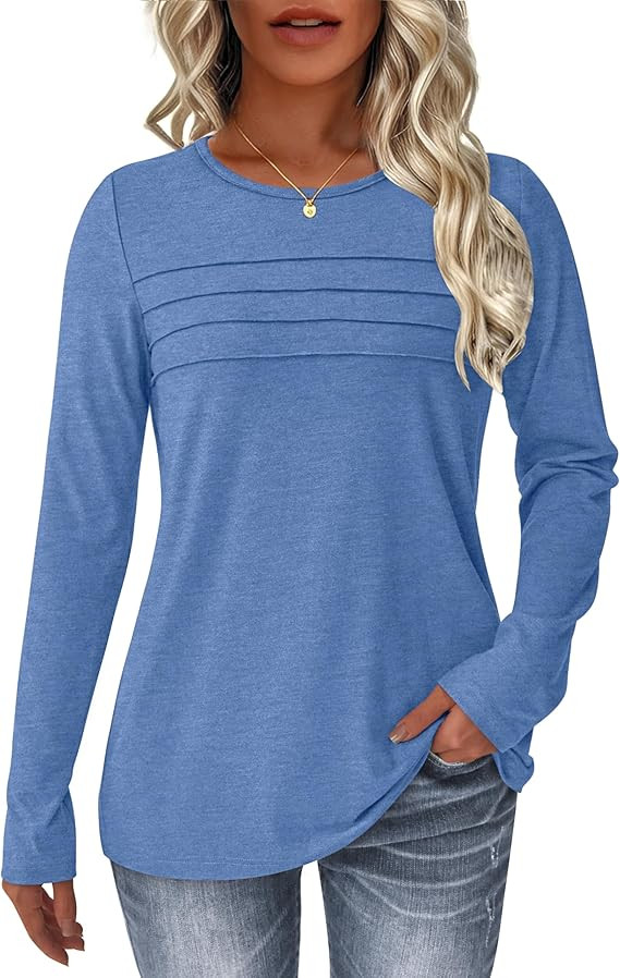 NORACORA Long Sleeve Shirts for Women Pleated Tunic Basic Tops Dressy Casual Business Blouses Loo... | Amazon (US)