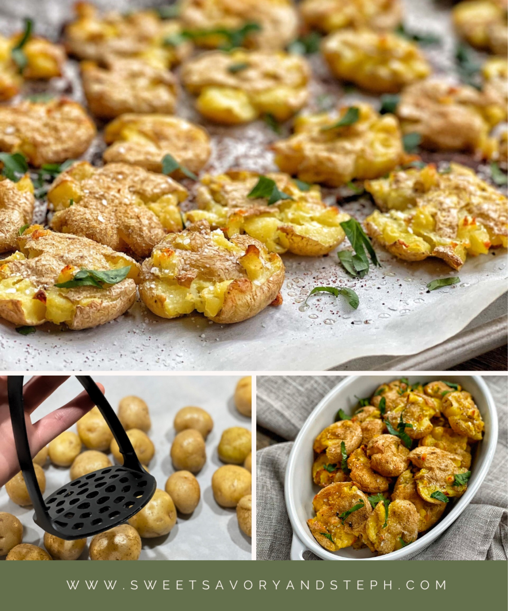 Easy Smashed Potatoes perfect for a holiday side for Thanksgiving, Christmas Eve or Christmas Day. Elevate your potato game! Full recipe on www.sweetsavoryandsteph.com 

#LTKhome #LTKSeasonal #LTKHoliday