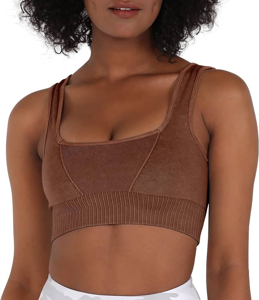 ODODOS Seamless Square Neck Sports Bra for Women Ribbed Crop Tank Casual Low Back Cropped Tops | Amazon (US)