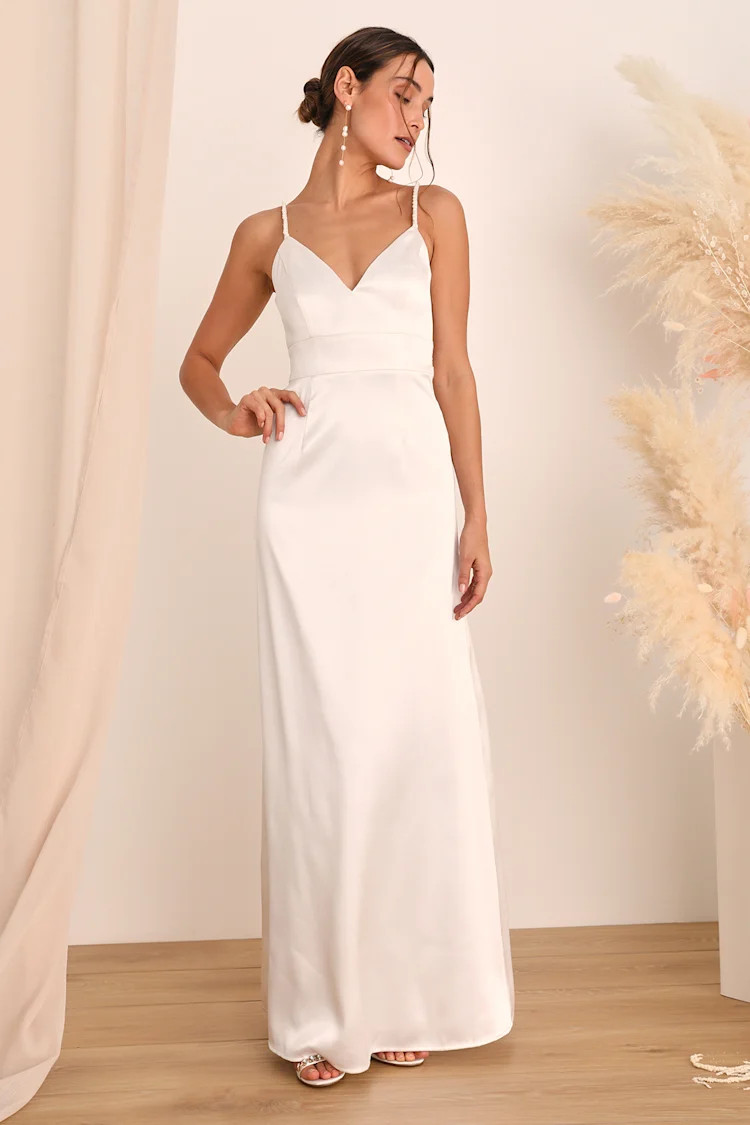 Ready For Forever White Satin Pearl Tie-Back Maxi Dress | Lulus