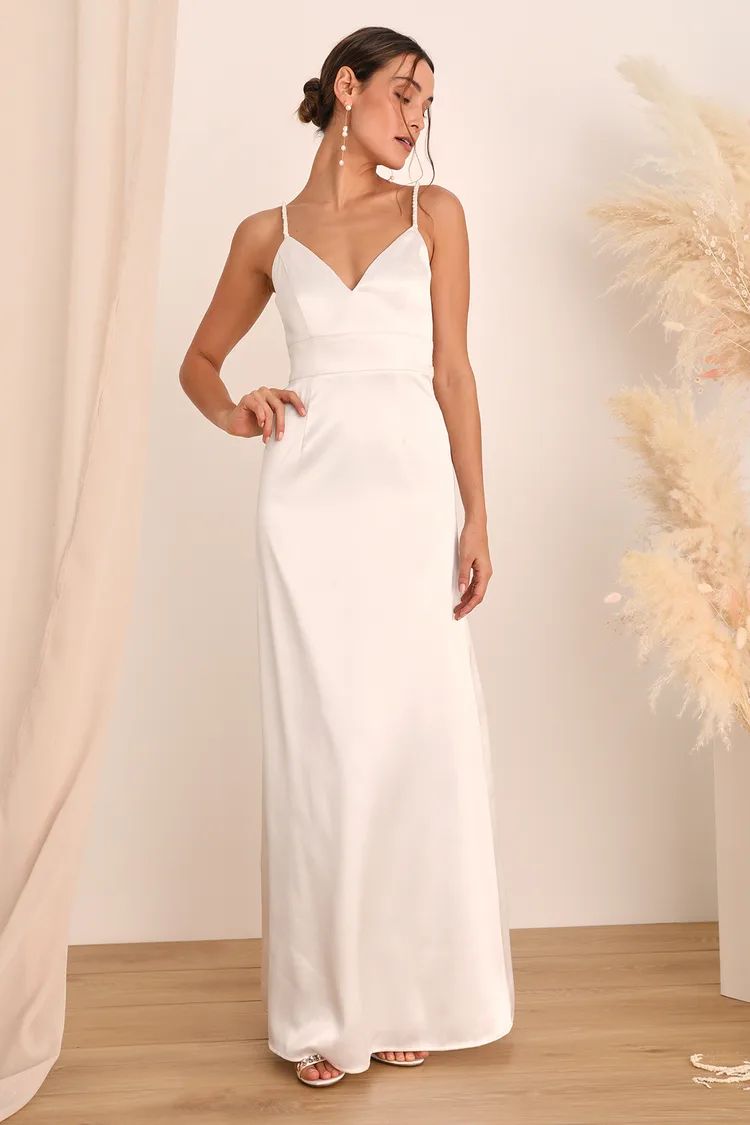 Ready For Forever White Satin Pearl Tie-Back Maxi Dress | Lulus