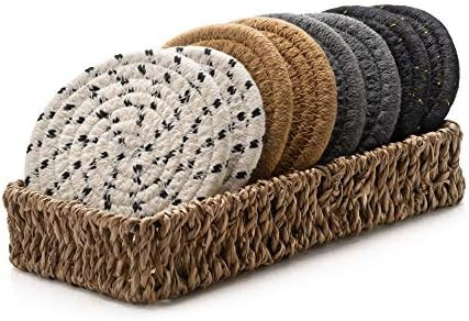 Boho Drink Coasters with Seagrass Basket Holder for Storage | Set of 8 Handmade Braided Cotton 4.... | Amazon (US)