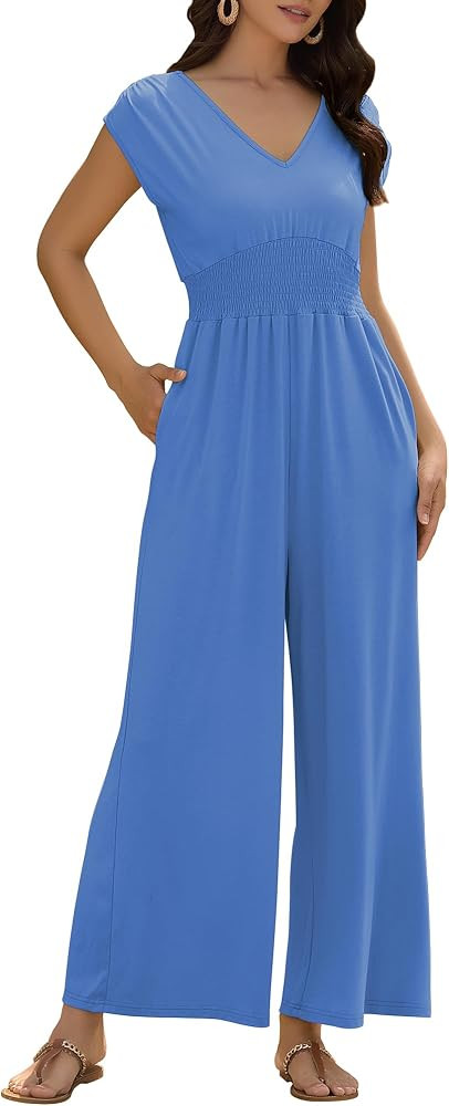 ZAFUL Womens Summer Jumpsuits 2026 Smocked Waist Dressy Casual One Piece Outfits with Pockets | Amazon (US)
