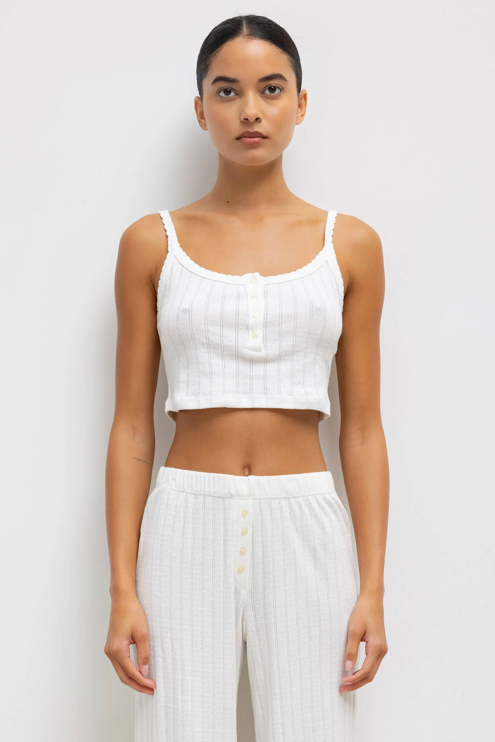 Pointelle Crop Button Scoop Neck Tank White / L | LESET