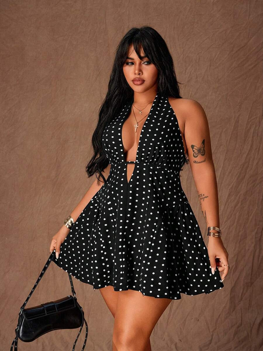 Rustia Plus Size Women's Fashionable Polka Dot Halter Tie Sexy A-Line Mini Dress | SHEIN