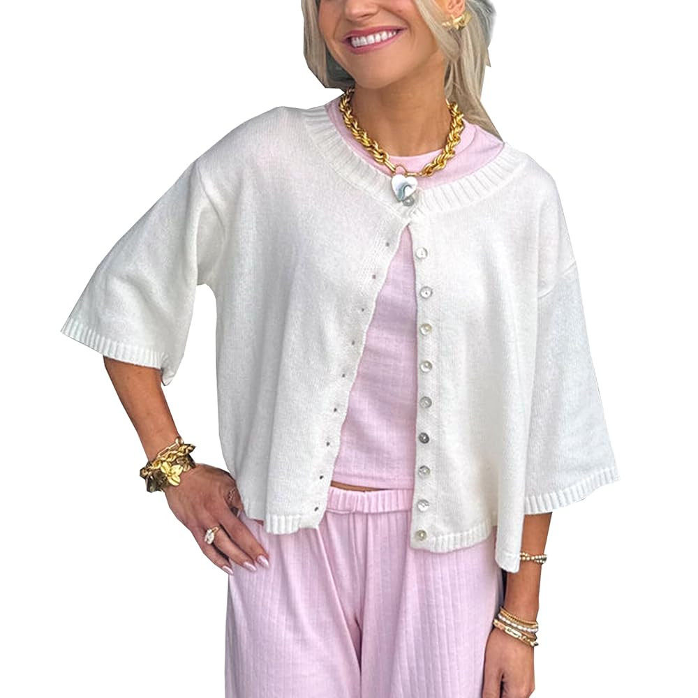Women Y2k Cute Summer Knitted Cardigan Shirt Vacation Cover up Tops Short Sleeve Button Down Over... | Amazon (US)