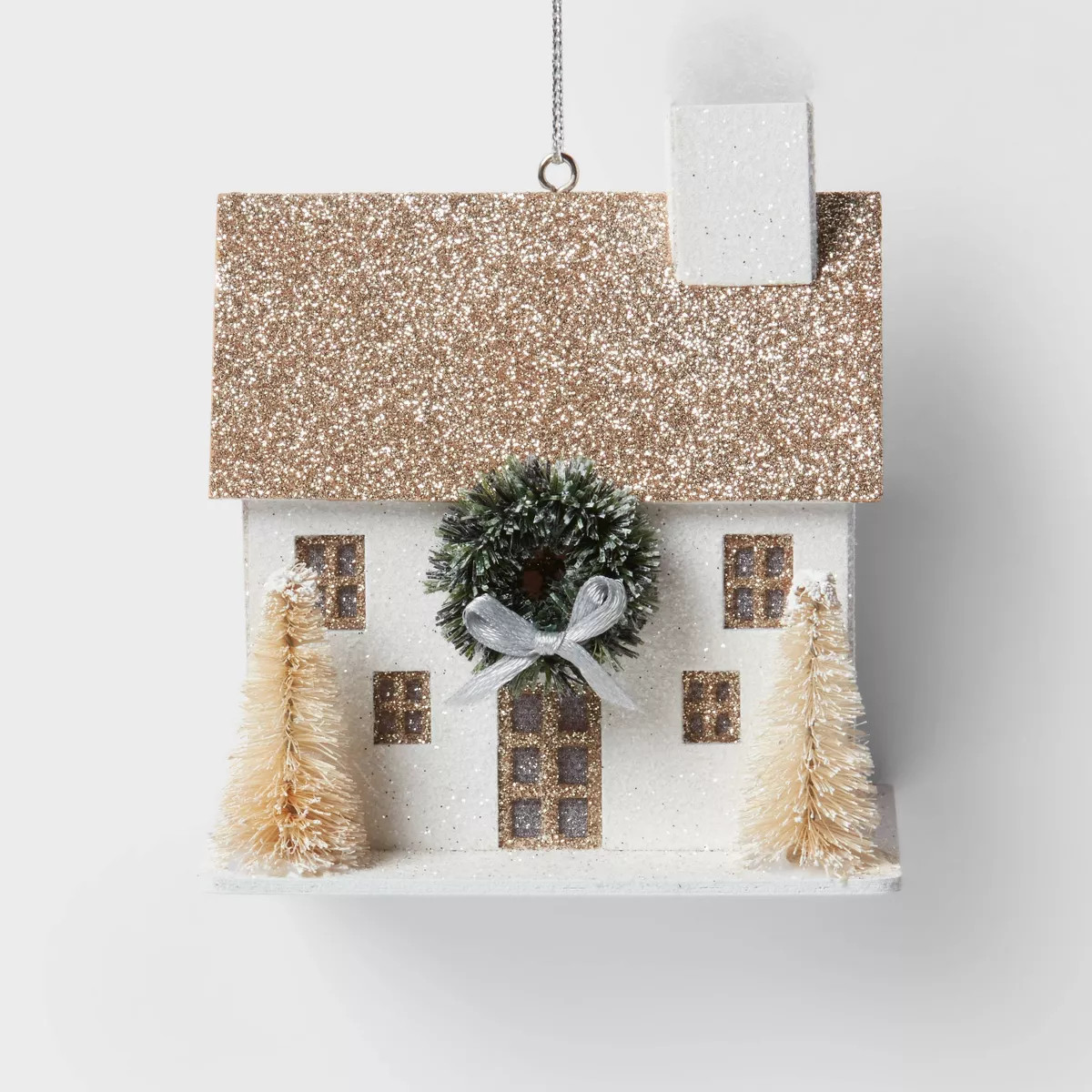 Glittered Paper House with Wreath and Bottle Brush Trees Christmas Tree Ornament White - Wondersh... | Target