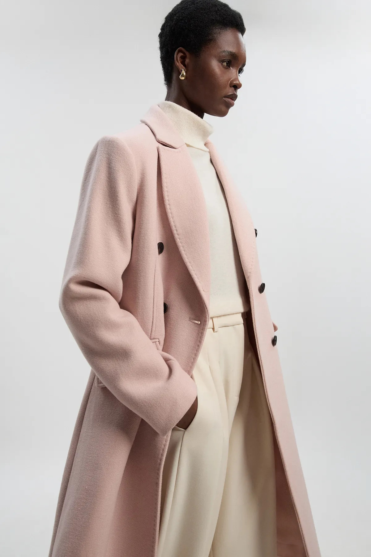 Blush Wool Fitted Double Breasted Tailored Midi Coat | Karen Millen USA | Karen Millen US