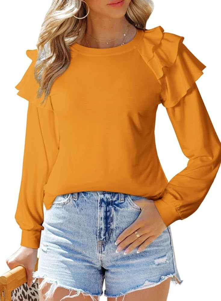 SHEWIN Womens Tops Casual Crewneck Ruffle Long Sleeve T Shirts Slim Fit | Amazon (US)