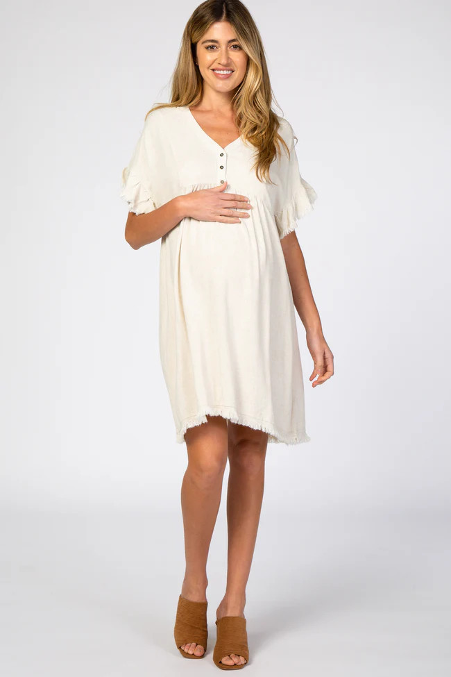 Beige Linen Fringe Trim Babydoll Maternity Dress | PinkBlush Maternity
