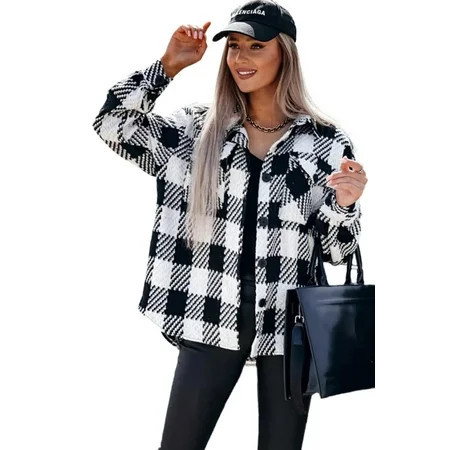 Classic Plaid Pattern: Button Front Shacket for Winter Fashion - [ZhiHiMeRi] | (US 8-10)M Black | Walmart (US)