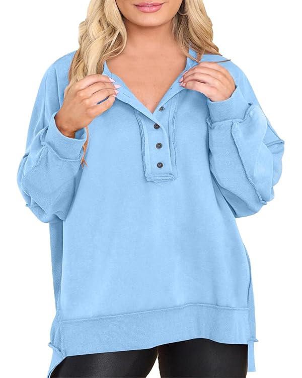 Eytino Women's Plus Size Sweatshirts Button Henley Neck Casual Long Sleeve Oversized Pullover Top... | Amazon (US)