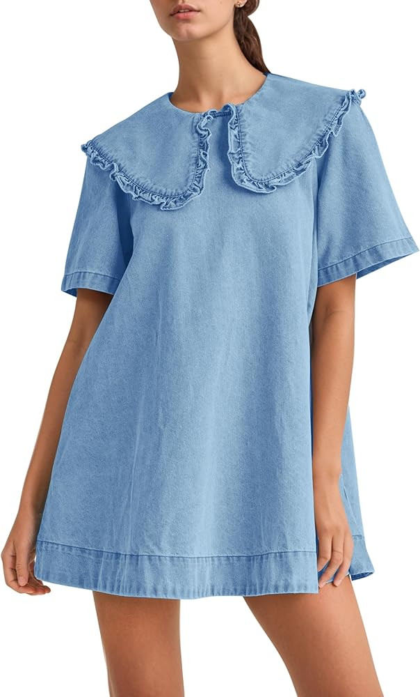 Livtany Women's Peter Pan Ruffle Collar Mini Dress Babydoll Short Sleeve Short Dress Denim Summer... | Amazon (US)