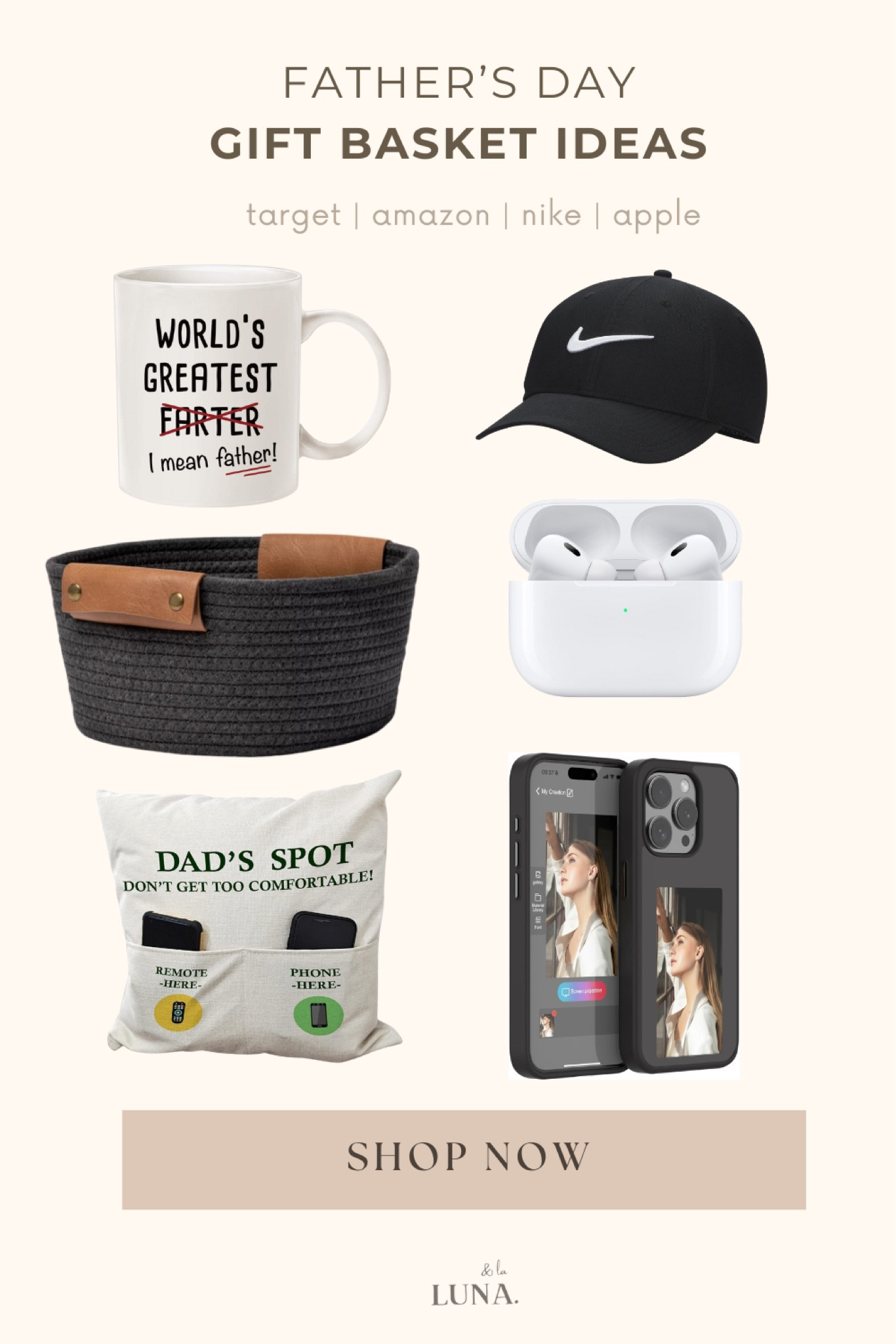 Treat your dad to the ultimate Father’s Day gift basket! Include a stylish hat, a funny mug, and AirPods for his tech needs. Add a cute woven basket to hold everything, a personalized phone case with family photos, and a multifunctional pillow with slots for his phone and remote. This thoughtful, practical collection will make his day unforgettable. #FathersDayGiftBasket #LTKFamily #GiftIdeas

#LTKSeasonal #LTKGiftGuide #LTKMens