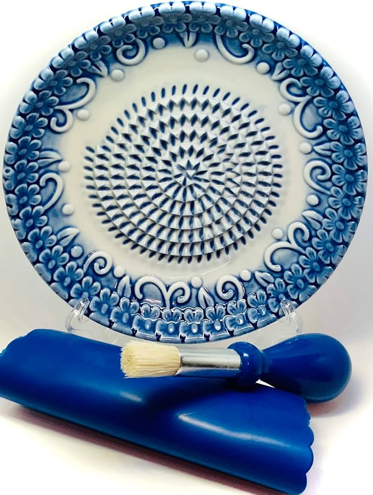 All-in-one Premium Ceramic Garlic Grater Plate 4-Piece Set - Blue Embossed Design and Style - For... | Amazon (US)