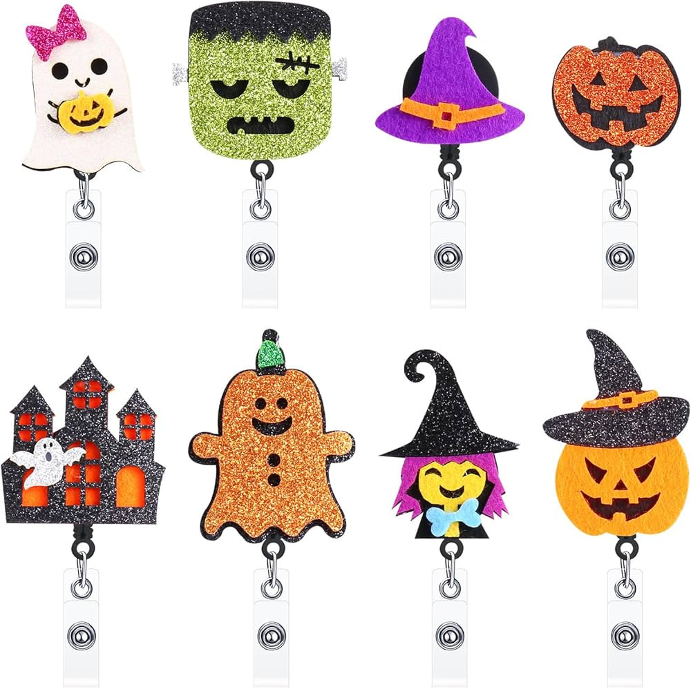 8 Pieces Halloween Retractable Badge Reel Felt ID Name Badge Holder Halloween Pumpkin Spider Ghos... | Amazon (US)