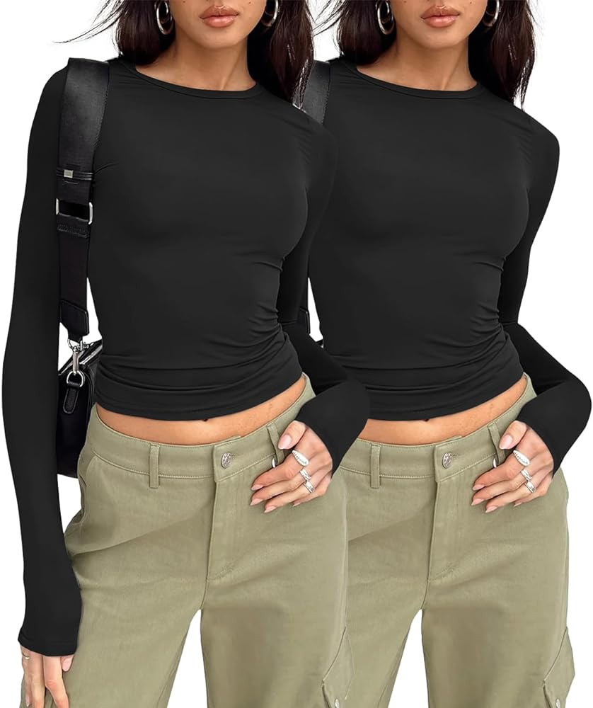 AUTOMET Womens 3 Pack Long Sleeve Shirts Basic Crop Tops Going Out Fall Fashion Underscrubs Layer... | Amazon (US)