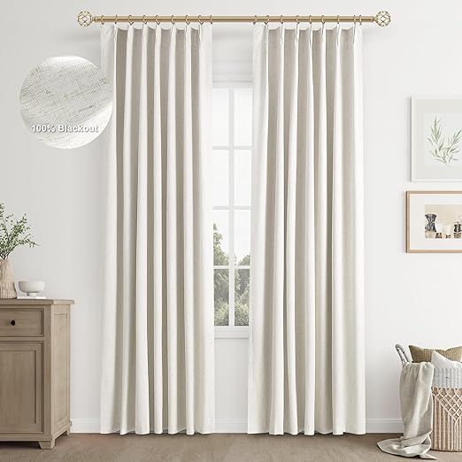 Joywell Cream Ivory Linen 100% Blackout Curtains 90 Inch Long,Pinch Pleated Back Tab Drapes with ... | Amazon (US)