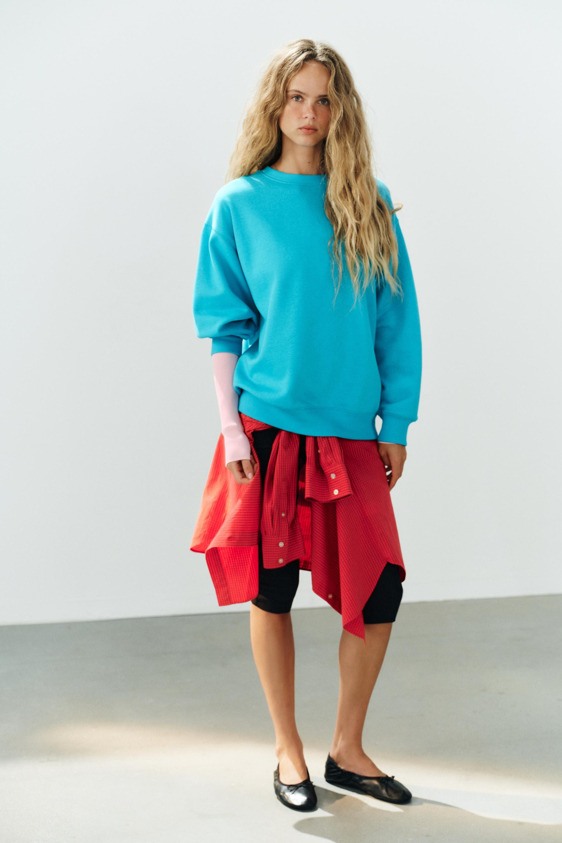 Zara - Basic Long Sleeve Sweatshirt - Turquoise - L - Woman | Zara US